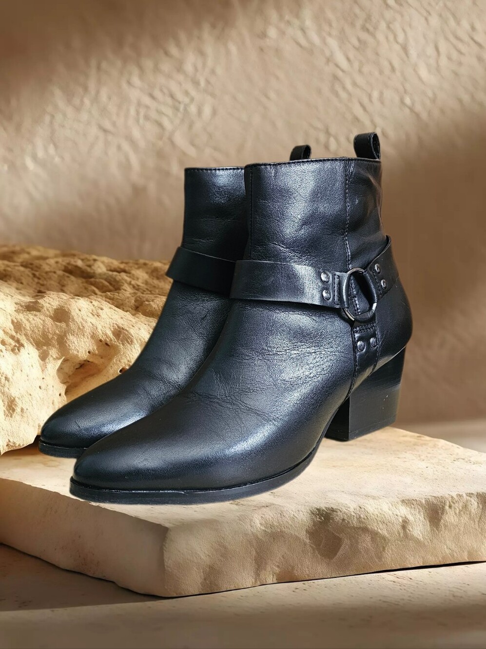 House of Harlow 1960 Black Leather Moto Portia Biker Harness Boots Womens 8.5